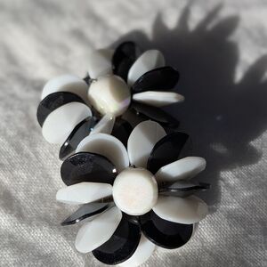 Vintage Western Germany Clip-On Earrings – Black & White Floral – Mid-Century